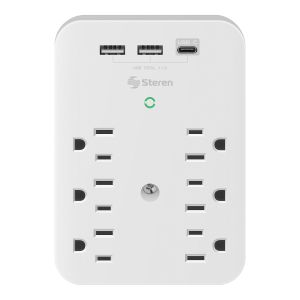 Clavija adaptadora de 6 contactos polarizados y triple cargador USB