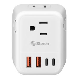 Multicontacto de pared para viaje con clavija europea, 4 salidas polarizadas y centro de carga USB / USB C