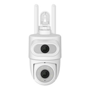 Cámara de seguridad Wi-Fi de doble lente 2 Mpx + 2 Mpx robotizada tipo domo para exterior con seguidor de movimiento, compatible con asistentes de voz