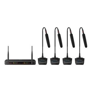 Sistema de 4 micrófonos inalámbricos UHF con selector automático de frecuencia, batería recargable y cuello flexible