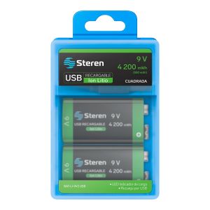 2 baterías recargables USB Li-Ion tipo 9V (cuadrada), de 4 200 mWh