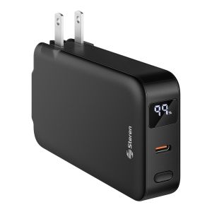 Cargador USB con Power Bank de 5,000 mAh, PD 20 W con 1 salida USB C, cables integrados USB C y Lightning* y clavija abatible